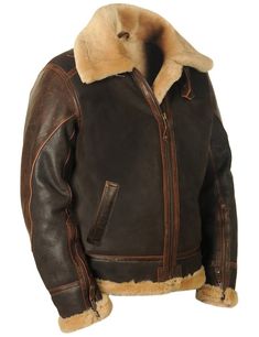 B3 Bomber RAF Aviator flying pilot Winter Cold Brown Warm Genuine leather jacket DESCRIPTION Enter this Winter with style and be ready to face the coming colder days with our pilot jacket in brown. Material:Genuine Leather, Faux Fur Shearling Color:Brown Inner lining:  Faux Fur Shearling Lining   (Faux furs are typically made from synthetic polymeric fibers such as acrylic, mod acrylic) Hand warmer flap pockets High collar to shield the face from the elements and reinforced Open Shear Cuffs Outs Leather Jacket Fur Collar, Leather Jacket Fur, Pilot Leather Jacket, Jacket Fur Collar, Jacket Fur, Pilot Jacket, Men's Leather Jacket, Aviator Jackets, Genuine Leather Jackets