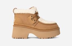 This is *the* perfect city shoe for you. Just hear us out. The curly sheepskin and UGG®plush lining provide comfort, while its lace-up and platform silhouette add height to your everyday style. | Suede, 10mm curly sheepskin upper. 17mm curly UGG®plush 60% upcycled wool, 40% TENCEL Lyocell vamp lining. 17mm UGG®plush 60% upcycled wool, 40% TENCEL Lyocell sockliner. Foam footbed. Sugarcane EVA outsole. Textile binding made from 100% recycled polyester fibers. 2.75 inch platform height. Nubuck heel Ugg Classic, Classic Boots, Real Fur, Boots For Sale, Womens Uggs, Chestnut, Everyday Fashion, Sheep, Lace Up