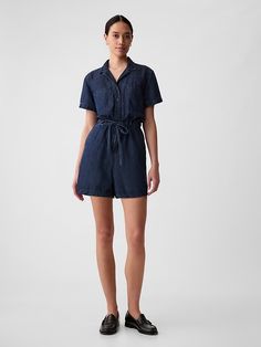 Denim Romper | Gap Denim Playsuit, Womens Playsuits, European Summer Outfits, Slim Fit Casual Shirts, Beachwear Skirt, Gap Shorts, Denim Romper, Notch Collar, Denim Coat Jacket