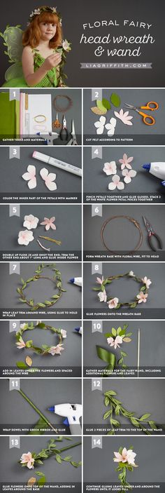 the instructions for how to make an artificial flower headband with paper flowers and leaves