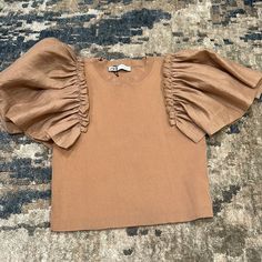 Size Large- But Can For Sure Fit A Small And Medium Light Brown With Tulle Sleeves Zara No Tag But Never Worn, In Amazing Conditon Trendy Brown Puff Sleeve Top, Beige Puff Sleeve Top With Ruffles, Brown Cotton Puff Sleeve Tops, Beige Puff Sleeve Top For Brunch, Casual Beige Puff Sleeve Top For Fall, Chic Brown Cotton Tops, Brown Puff Sleeve Blouse For Day Out, Fitted Beige Ruffled Tops, Brown Summer Workwear Blouse