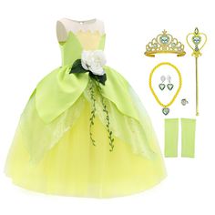 PRICES MAY VARY. Upgraded Premium Fabric - The princess tiana costume for girls is made of high-quality stretch fabric and 100% polyester fiber lining, ultra soft and cozy hand-feel. Perfect for all seasons or climates, feels gentle against girl's sensitive skin Fluffy & Breathable - The lower part of the tiana dress is made of six layers of high-quality tulle and stain, which is skin-friendly and plump, will not deform even if it is squeezed. Still fluffy even without a petticoat Specific Desig