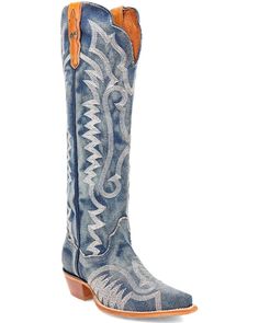 Textile and leather upper Snip toe Western Denim Boots For Rodeo, Western Denim Blue Boots For Fall, Denim Blue Western Boots For Fall, Western Style Denim Blue Boots For Fall, Western Denim Boots With Round Toe, Western Denim Boots, Western Boots With Round Toe In Denim Blue, Denim Blue Western Boots With Round Toe, Western Style Denim Blue Boots With Round Toe