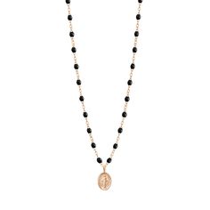 Gigi Clozeau - Madone Charm Classic Gigi Black necklace, Rose Gold, 16.5 Spiritual Rose Gold Pendant Necklaces, Rose Gold Amulet Pendant Necklaces, Amulet Style Rose Gold Pendant Necklace, Rose Gold Amulet Pendant Necklace, Luxury Beaded Long Necklace, Luxury Long Beaded Chain Necklace, Luxury Black Enamel Pendant Necklace, Spiritual Beaded Chain Jewelry With Round Pendant, Spiritual Beaded Chain With Round Pendant