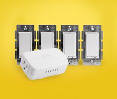 four different types of electrical devices on a yellow background