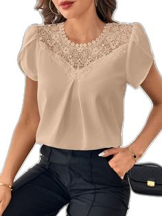 Elegant Non-stretch Lace Top For Spring, Chic Short Sleeve Blouse With Lace Patchwork, Beige Non-stretch Top For Work, Elegant Short Sleeve Blouse With Lace Top, Elegant Short Sleeve Lace Top Blouse, Lace Patchwork Blouse For Spring Workwear, Elegant V-neck Blouse With Lace Patchwork, Spring Workwear Blouse With Lace Patchwork, Spring Lace Patchwork Blouse For Work