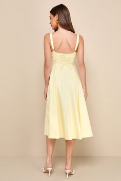 You're sure to inspire a crush or two in the Lulus Compelling Charisma Yellow Bustier Midi Dress With Pockets! Lightweight woven poplin shapes adjustable straps that support a gathered, bustier-style bodice with a sweetheart neckline (with a functional adjustable drawstring), a flirty keyhole detail, and seamed detailing. At the back, a lace-up panel creates a customizable (and cute) fit! High waist tops a skater skirt with side seam pockets that ends at a midi hem. Hidden zipper/clasp at side. Bustier Midi Dress, Midi Dress With Pockets, A Crush, Cute Fit, Dress With Pockets, Sweetheart Neckline, Hidden Zipper, Skater Skirt, Bodice