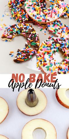 an apple is cut in half with sprinkles on it, and there are two different types of donuts