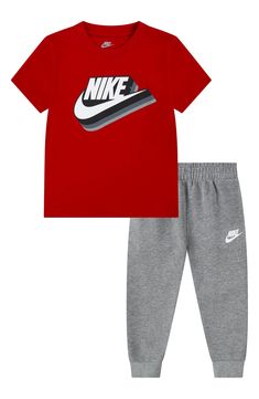 Keep your kiddo comfortable in a crewneck T-shirt and joggers with a classic Swoosh logo. Two-piece set 60% cotton, 40% polyester Machine wash, tumble dry Imported Joggers Set, Swoosh Logo, Nike Kids, Jogger Set, Suit Separates, Size 4t, Kids Boys, Nordstrom Rack