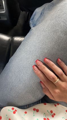 Nails, red nails, french tip, red french nails, short nails, basic nails, simple nails, nail inspo, nails design, blue jeans, cherey top, cute rings, aesthetic. Red French Nails Short, Cute Rings Aesthetic, Red Nails French Tip, French Tip Red, Nails Design Blue, French Nails Short Nails, Red Nails French, French Nails Short, Red Tip Nails