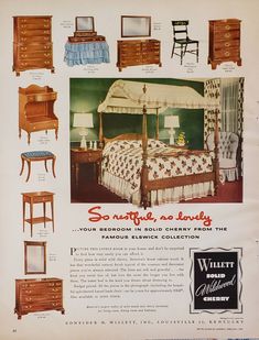 an advertisement for a bedroom furniture set from the early 1900's, with pictures of beds and dressers