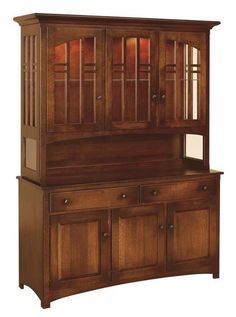 a wooden hutch with glass doors and drawers