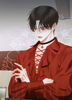 an anime character with black hair wearing a red shirt and holding his arms crossed in front of him