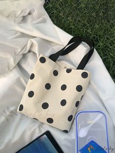 Bird in Bag - Mini Canvas Tote Bag with Polka Dot Pattern Shoulder Strap Polka Dot Shoulder Bag For Daily Use, Rectangular Polka Dot Bags For Daily Use, Casual Tote Bag With Cat Design, Polka Dot Tote Bag, Cotton Tote Bag With Cat Print, Novelty Bags, Mini Canvas, Polka Dot Pattern, Canvas Tote