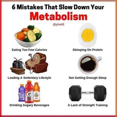 FOLLOW➡️ @healthy.calories.world By @phetfit They wrote:  6 Mistakes That Slow Down Your Metabolism  -  Eating too few calories. Cutting calories too much and for too long lowers your metabolic rate, which can make weight loss and weight maintenance more difficult.  -  Skimping on protein. Protein increases metabolic rate more than carbs or fat. Increased protein intake helps preserve metabolic rate during weight loss and maintenance.  -  Leading a sedentary lifestyle. Being inactive reduces the Weight Maintenance, Protein Intake, Sedentary Lifestyle, Boost Your Metabolism, Diet Tips, Low Carb Diet, Slow Down, Weight Gain, Too Much