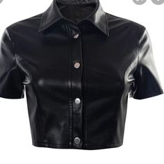 Black Leather Crop Top! Super Cute Fun To Wear Open Or Buttoned Up. Brand New I Ordered 2 Of The Same Item! Black Leather Crop Top, Leather Button Up, Leather Blouse, Leather Crop Top, Short Sleeve Crop Top, Shirts Women Fashion, Streetwear Tops, Short Sleeve Cropped Top, Street Style Women