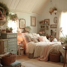 a bed room with a neatly made bed and lots of plants on the wall next to it