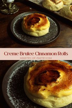 creme brulee cinnamon rolls on black plates