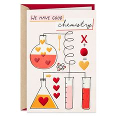 a greeting card with an illustration of beaks, flasks and hearts