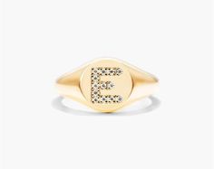 14K Yellow Gold Diamond E Initial Signet Ring. This timeless ring will dazzle all who see it. Perfect for any age and occasion, this ring makes the perfect individualized gift! E Initial, Timeless Ring, Jewelry Rings Diamond, Ring Fit, The Alphabet, Rose Gold Diamonds, Signet Ring, See It, Diamond Rings