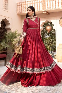 Red Dress Pakistani Bollywood Red Lawn Suit For Wedding, Red Semi-stitched Anarkali Lawn Suit, Red Anarkali Lawn Suit In Chinon, Semi-stitched Red Chinon Lawn Suit, Festive Red Lawn Suit With Zari Work, Red Chinon Anarkali Lawn Suit, Traditional Red Jamawar Dress, Unstitched Red Anarkali Lawn Suit, Red Unstitched Anarkali Lawn Suit