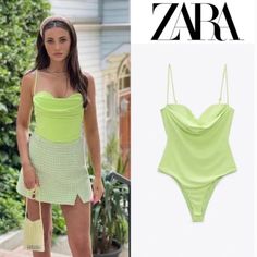 Color- Light Pistachio Bodysuit With Sweetheart Neckline And Adjustable Spaghetti Straps. Draped Fabric At Front. Bottom Snap Button Closure. Back Hidden Inseam Zip Closure. Fitted Green Bodysuit, Green Sleeveless Bodysuit For Summer, Green Sleeveless Bodysuit For Spring, Sleeveless Green Bodysuit For Spring, Trendy Fitted Zara Bodysuit, Green Stretch Bodysuit For Spring, Spring Green Bodysuit, Fitted Green Bodysuit For Summer, Chic Green One-piece Bodysuit