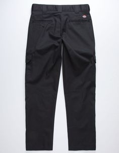 Dickies Brush Twill cargo pants. Solid pants in a brush twill construction. Slant hand pockets. Dickies label on back right. Dual cargo pockets on outer legs. Welt pocket above right cargo pocket. Straight leg. Back welt pockets with one button closure on left. Button waist. Zip fly. Approx. outseam: 41.5". Approx. inseam: 30". 65% polyester/35% cotton. Machine wash. Imported. Relaxed Fit Flat Front Pants With Pockets, Casual Flat Front Work Pants With Pockets, Casual Flat Front Bottoms With Pockets, Casual Flat Front Pants With Side Pockets, Casual Bottoms With Pockets And Flat Front, Casual Flat Front Pants With Hip Pockets, Casual Black Flat Front Bottoms, Mens Cargo Pants, School Pants