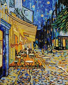 Van Gogh's Cafe Terrace Glass Mosaic Reproduction Nautical Mosaic, Cafe Terrace At Night, Terrace At Night, Landscape Mosaic, Mosaic Stepping Stone, Tree Mosaic, Mosaic Portrait, Mosaic Animals, Cafe Terrace