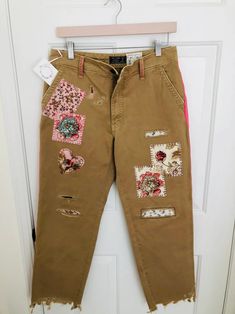 Khaki Pants Embroidered and Patched Abercrombie & Fitch Size | Etsy Embroidered Cargo Pants, Fall Straight Leg Bottoms With Patches, Straight Leg Bottoms With Patches For Fall, Fall Season Straight Leg Bottoms With Patches, Brown Patchwork Straight Leg Bottoms, Fall Cotton Pants With Floral Embroidery, Cotton Straight Leg Bottoms With Patches, Straight Leg Pants With Floral Embroidery For Fall, Fall Floral Embroidered Straight Leg Pants