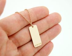 This is solid gold men's necklace - 14K gold dog tag.It is custom made for you and a perfect jewelry gift for a husband or a boyfriend.All text and artwork applied to it before casting in gold - it will stay on the tag and won't fade or wear off.Tag is not stamped! Tag is not engraved!You could use one side of  the tag or both sides and make it reversible.You could add a gemstone ($15 each) or a diamond ($45 each) for this solid gold bar necklace, ask for the sketch to see what your necklace wil Classic Gold Dog Tag Necklace, Gold Dog Tag Necklace For Father's Day, Personalized White Gold Dog Tag Necklace, Gold Tag Necklace, Mens Necklace Personalized, Gold Necklace For Men, Gold Nickel-free Dog Tag Necklace, Yellow Gold Tarnish-resistant Dog Tag Necklace, Dad Jewelry