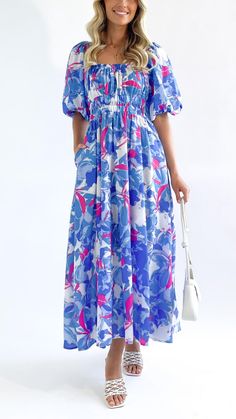 Look and feel like a princess this event season in this Dress! This style and print will be adored by all! Summer Multicolor Puff Sleeve Maxi Dress, Beach Maxi Dress With Puff Sleeves And Floral Print, Chic Off-shoulder Floral Print Dress, Blue Floral Print Midi Dress With Puff Sleeves, Summer Floral Print Dress With Puff Sleeves, Summer Dresses With Floral Print And Puff Sleeves, Off-shoulder Floral Print Maxi Dress, Off-shoulder Maxi Dress With Floral Print, Blue Printed Midi Dress For Garden Party