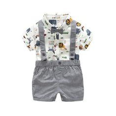 Animal Printed Romper with Suspender Shorts Outfits With Suspenders, Fancy Clothes, Baby Bowtie, Baby Boy Summer, Baby Boy Clothes Newborn, Baby Boy Clothing Sets, Boys Summer Outfits, Baby Boy Fashion, Trendy Baby