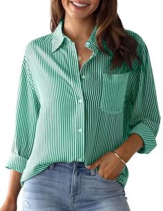 PRICES MAY VARY. S=US(4-6) M=US(8-10) L=US(12-14) XL=US(16-17) 2XL=US(18-19).The button down shirts for women is lightweight, durable and comfortable to wear.Fabric is softer, buttoned front FEATURE: Stripes Womens Tops, Button Down, v neck shirts, Long Cuffed Sleeves, Vertical Stripes, Chest Pocket, Lightweight, long sleeve, casual loose blouse & button-down shirts for women dressy MATCH: This v-neck casual shirt/stripes blouses for women/v-neck casual shirt/Women's long sleeve button down tops Green Striped Shirt, Winter Blouses, Striped Shirt Women, Pullover Outfit, The Office Shirts, Casual Long Sleeve Shirts, Elegant Shirt, Long Blouse, Striped Blouse