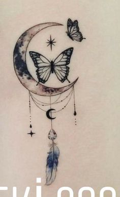 a drawing of a crescent moon and two butterflies flying over the moon with stars on it