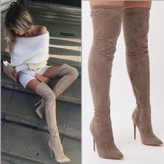 Gorgeous Over The Knee Boot Lend A Sophisticated Finish To Your Outfit With These Boots! Is Ideal For Pairing With A Sleek Dress Or Fitted Jeans. With Collar String On The Top That Ties In The Back No Zipper Included Size Available 5.5-10 Suede And Stretchy Material High Heel 4 Inches Lenght 26 Inches Circumference 16 Inches Any Questions Let Me Know Fitted Beige Boots For Party, Elegant Thigh High Boots For Spring, Beige Boots For Night Out, Chic Fitted Boots For Date Night, Fitted Beige Suede Boots, Chic Beige Boots For Night Out, Elegant Boots For Date Night In Fall, Elegant Fall Date Night Boots, Fitted Boots For Night Out In Spring