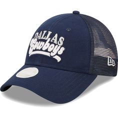 Add old-school flair to your game day outfit with this New Era Gridiron Classics Historic 9FORTY Trucker hat. Retro Dallas Cowboys graphics flex that you're no casual fan. Plus, a snapback closure adjusts the fit to your perfect size. Solid front panels with eyelets Brand: New Era Officially licensed Woven clip tag Mesh mid and rear panels Curved bill Snapback Mid Crown Structured fit Wipe clean with a damp cloth Material: 100% Polyester Imported One size fits most Embroidered graphics with rais Curved Bill Hat With Team Logo For Sports Event, Throwback Curved Brim Hats For Baseball Season, Throwback Trucker Hat For Baseball Season, Navy Collegiate Snapback Hat For Baseball Season, Curved Brim Hats With Team Logo For Game Day, Throwback Snapback Trucker Hat For Baseball Season, Throwback Game Day Hat With Curved Brim, Throwback Baseball Trucker Hat, Throwback Fan Gear Hat With Curved Brim