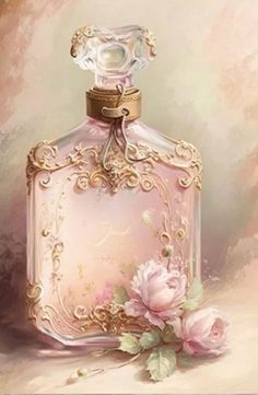 a painting of a pink perfume bottle with flowers on it