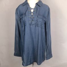 Alison Andrews New With Tags Nwt Women's Long Sleeve Shirt 100% Tencel Super Soft And Flowy Size M Color Is Called Indigo Which Is A Blue Denim Color Lace Front Detailing Wear It Loose Or More Fitted Button Cuff Sleeves Front Pockets Perfect For Casual Or Dress It Up For Date Night Smoke Free Home Casual Date Night Office Everyday Work Wear Outing Comfy Summer Long Sleeve Denim Top, Medium Wash Long Sleeve Shirt For Summer, Medium Wash Long Sleeve Summer Blouse, Long Sleeve Medium Wash Blouse For Summer, Blue Denim Long Sleeve Top, Long Sleeve Denim Top For Summer Day Out, Spring Medium Wash Collared Top, Summer Long Sleeve Denim Blouse, Collared Denim Blue Blouse For Spring