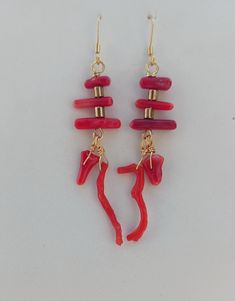 Red Coral earrings Coral Dangle Earrings, Red Dangle Clip-on Earring, Red Drop Beaded Earrings, Coral Earrings With Ear Wire As Gift, Red Dangle Single Clip-on Earring, Red Drop Beaded Earrings For Pierced Ears, Handmade Red Coral Dangle Earrings, Red Coral Drop Earrings, Handmade Coral Earrings In Red Coral