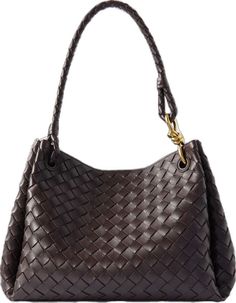 Luxury Handheld Hobo Bag For Office, Formal Tote Shoulder Bag With Woven Leather, Formal Woven Leather Tote Shoulder Bag, Formal Brown Woven Leather Shoulder Bag, Formal Intrecciato Weave Shoulder Tote Bag, Brown Office Bags With Intrecciato Weave, Elegant Woven Leather Shoulder Bag For Travel, Brown Intrecciato Weave Office Bag, Brown Intrecciato Weave Evening Shoulder Bag