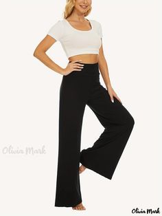 Olivia Mark - Premium Plus Size Womens Casual Pants - Solid High Rise Medium Stretch Wide Leg Trousers Casual Wide Leg Bottoms With Wide Waistband, Casual Wide-leg Pants With Wide Waistband, Stretch High Waist Harem Pants, Non-stretch Solid Color Yoga Trousers, Casual Trousers With Wide Waistband, Versatile High Waist Solid Color Sweatpants, Versatile High Waist Sweatpants, Casual Wide Leg Full-length Pants With Wide Waistband, Solid Wide Leg Bottoms With Wide Waistband