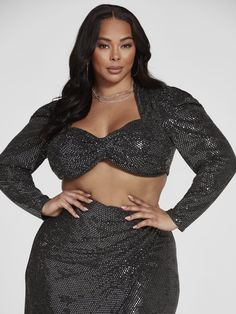 Plus Size Holiday Party Outfit, Plus Size Holiday Party, Plus Size Holiday, Metallic Crop Top, Long Knit Sweater, Trendy Plus Size Fashion, Puff Sleeve Crop Top, Fashion To Figure, Knitted Bodycon Dress