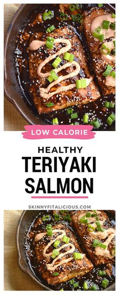 salmon with teriyaki sauce in a cast iron skillet