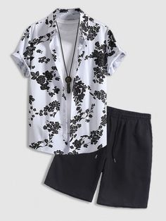 Floral Button Up Shirt With Casual Shorts Set - Grafton Collection Casual Button-up Summer Shorts, Cotton Button-up Shorts For Summer, Collared Summer Vacation Sets, Summer Short Sleeve Short Set For Day Out, Summer Short Set With Short Sleeves For Day Out, Summer Short Set For Vacation, Cotton Short Sleeve Short Set For Day Out, White Short Sleeve Short Set For Summer, White Short Sleeve Summer Short Set