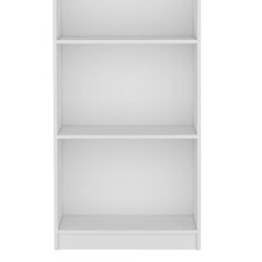 a white bookcase with three shelves on each side and one door open to reveal the room