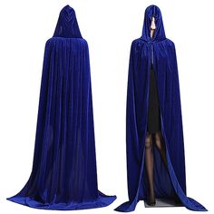 a woman in a blue cloak and black stockings is standing next to a mannequin