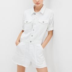 American Eagle Outfitters Women's White Xl Short White Denim Romper, Has Raw Bottom Legs,4 Front Pockets 2 At The Top 2 Bottom Front, 2 Back Pockets, New With Tags Never Worn, Measures Pit To Pit 46", Waistline 40", Shoulder To Hem 33",Hips 47". Bin#107 Fitted Jumpsuits And Rompers With Pockets, Fitted Short-length Jumpsuits And Rompers With Pockets, White Cotton Denim Jumpsuit For Summer, Summer White Cotton Denim Jumpsuit, White Relaxed Fit Denim Jumpsuit For Summer, Cotton Short Length Jumpsuits And Rompers For Spring, Spring Jumpsuits And Rompers With Pockets And Short Length, Spring Short Length Jumpsuits And Rompers With Pockets, Spring Jumpsuits And Rompers With Pockets