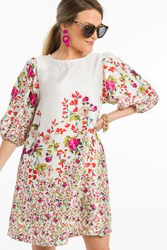 Let your spirit run wild with this floral dress! It has such a sweet look with a white body, balloon sleeves, and pops of pink blooming along the bottom. Dress has a pull-on fit and a back button closure. Flowers Dress, Field Of Flowers, Stylish Clothes, Blue Door, Flower Field, Balloon Sleeves, Flower Dresses, Boutique Clothing, Cute Dresses