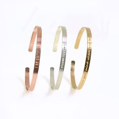 This elegant and dainty cuff bracelet can be worn alone or as a stacking bracelet. The bracelet can be engraved with any phrase, inspiring words, coordinates, or symbols of your choice. Bracelet is approximately 4mm thick.Default cuff size set to fit wrists of 6.5-7.5 inches. - - - - - - - - - - - - - - -METAL 14k Gold-Filled 14k Rose Gold-Filled Sterling Silver ENGRAVINGHere are some idea for engraving the outside or inside of these bangles. Favorite quotes Coordinates Personal mantra Names Rom Minimalist Engraved Bangle Cuff Bracelet, Minimalist Personalized Bangle Cuff Bracelet, Personalized Minimalist Bangle Cuff Bracelet, Minimalist Engraved Bracelets For Friendship, Minimalist Hand Stamped Name Bracelet For Friendship, Personalized Inspirational Cuff Bracelet For Everyday, Inspirational Engraved Everyday Bracelets, Inspirational Engraved Bracelets For Everyday, Everyday Inspirational Engraved Bracelets