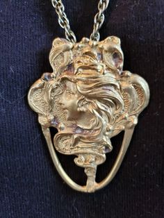 Vintage Art Nouveau Woman's Side Portrait Pendant Necklace 24" Chain Gold Tone  | eBay Side Portrait, Flowing Hair, Art Nouveau Style, Chain Gold, Metal Work, Brass Color, Metal Working, Vintage Art, Art Nouveau